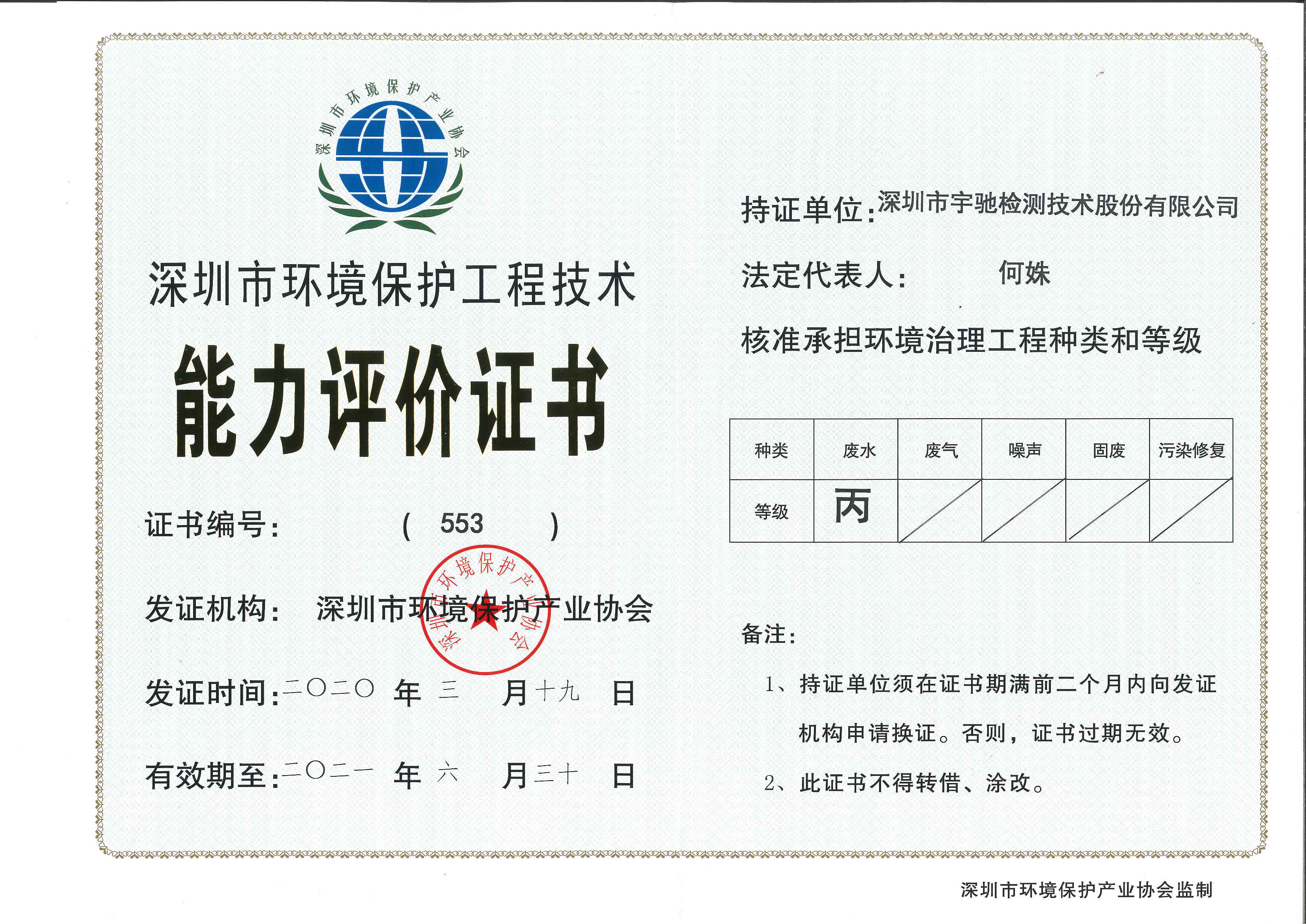 深圳市环境保护工程技术能力评价证书
